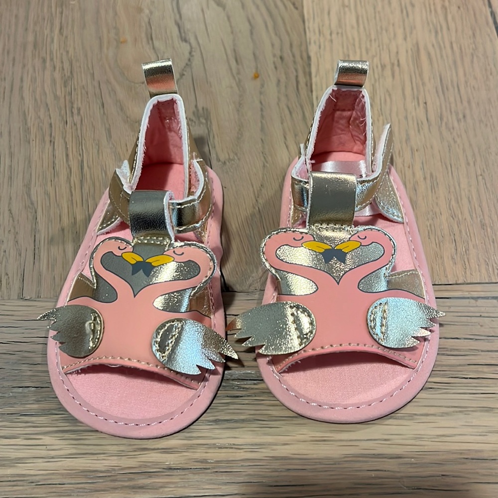Pink flamingo and metallic gold sandals for infant 0 to 3 months